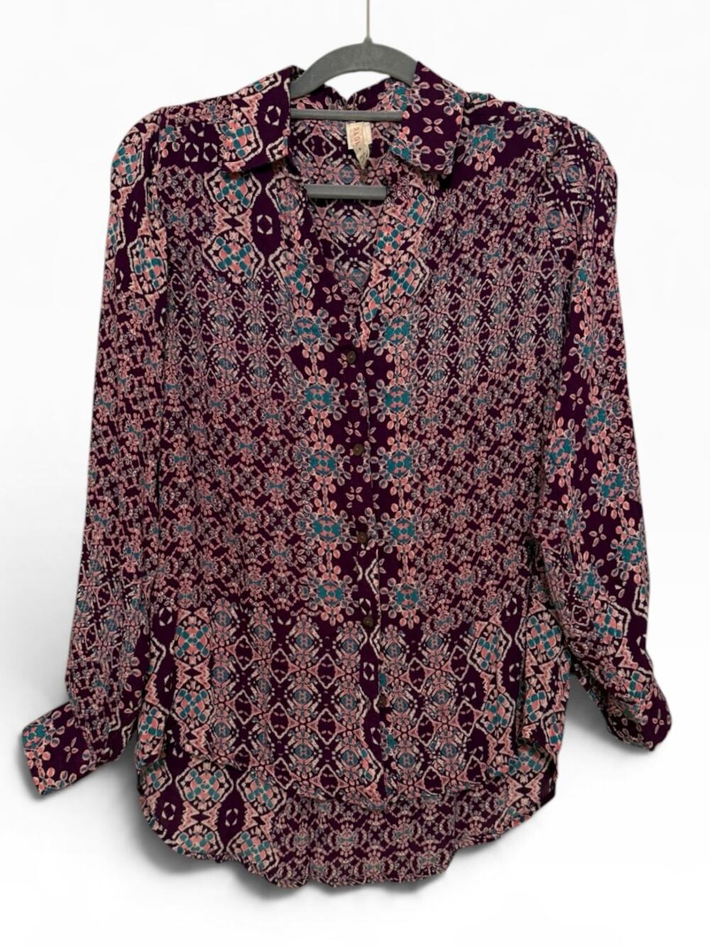 Raga Boho Paisley Print Button Front Long Sleeve Blouse Top Size M Purple